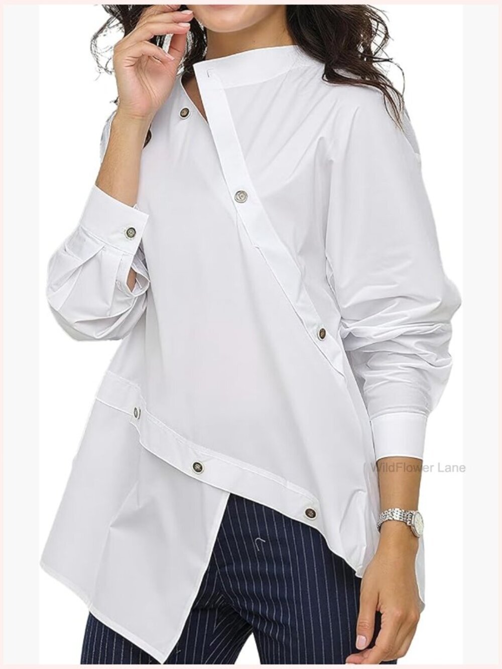 Long Sleeve Buttoned Asymmetric Split-Front Blouse Top